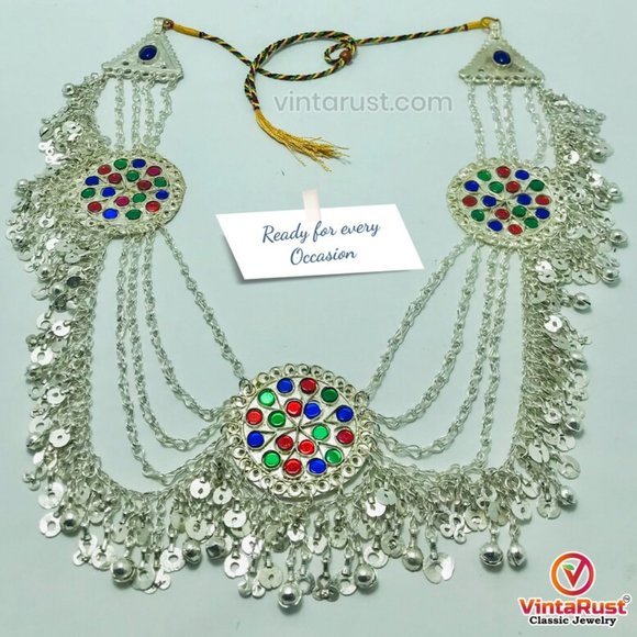 Multilayers Silver Bib Necklace With Dangling Tassels and Three Big Motifs - Picture 7 of 10